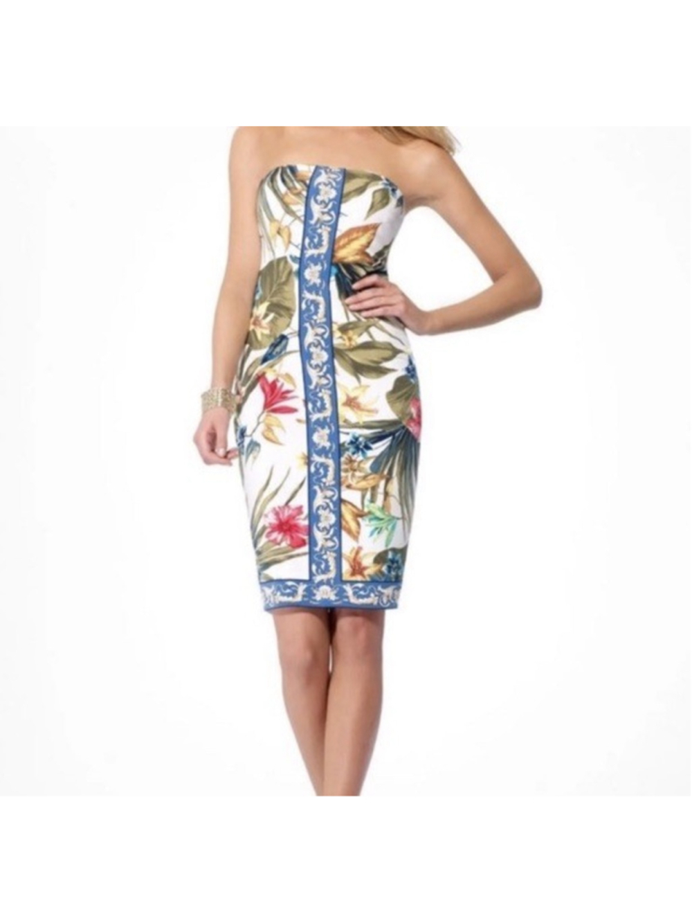 Cache Strapless Tropical Print Dress Womens M Bodycon Floral Vacation